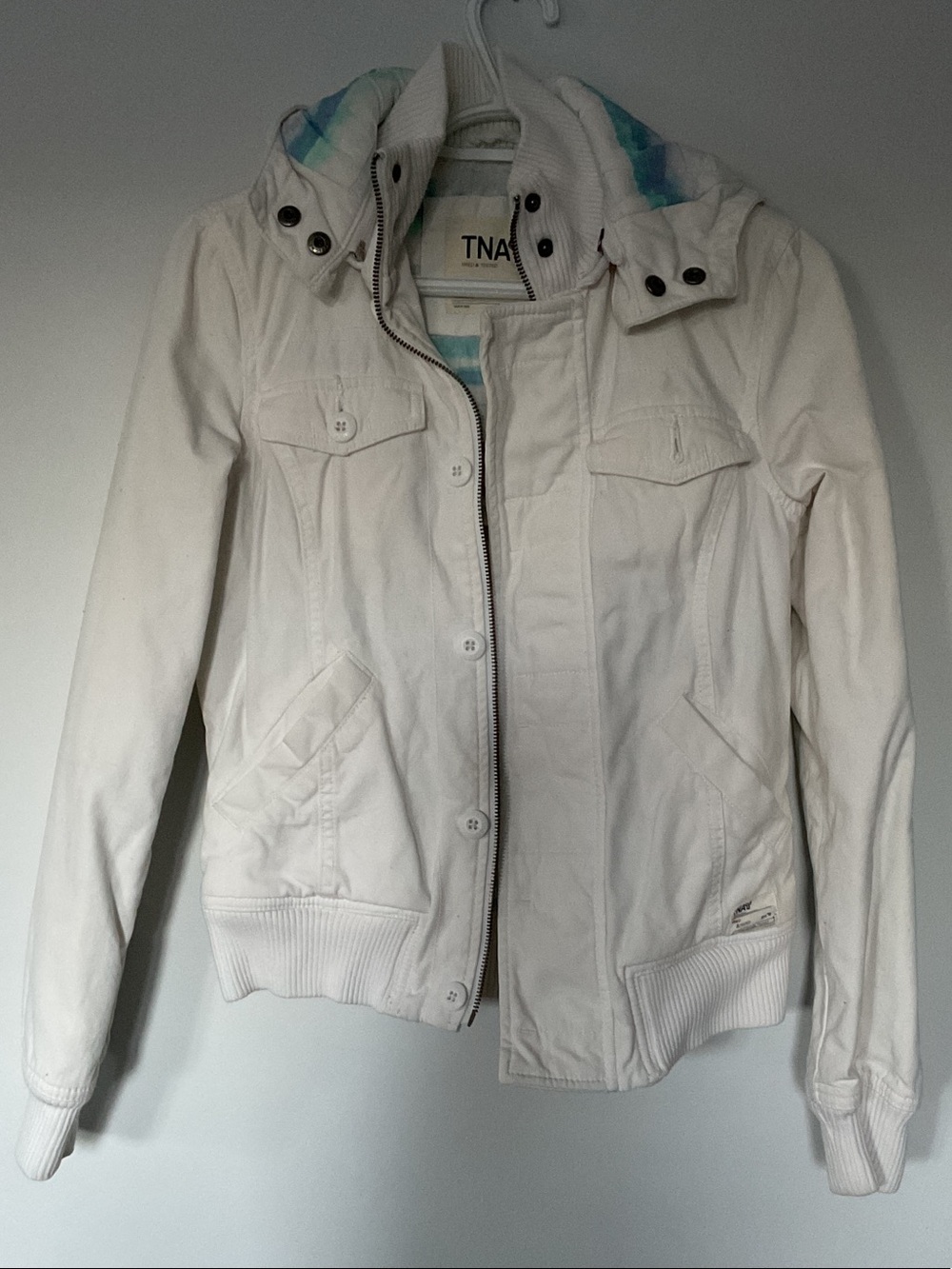 TNA White Maverick Hooded Bomber Jacket with Subtle Blue Trim